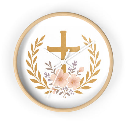 Serene Cross & Laurel Wreath Wooden Wall Clock – Faith-Inspired Decor