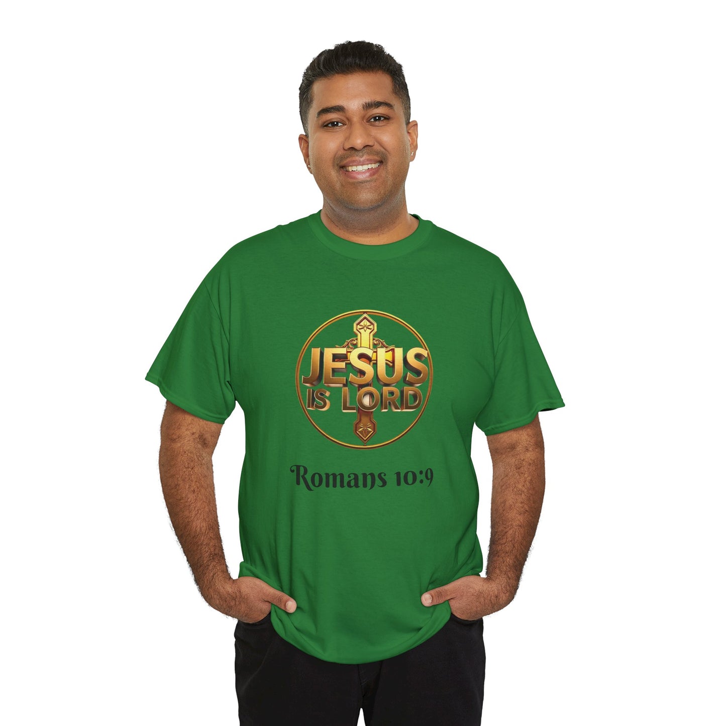 Men’s Romans 10:9 Christian T-Shirt – Jesus Is Lord & He Is Risen (Dark Lettering)