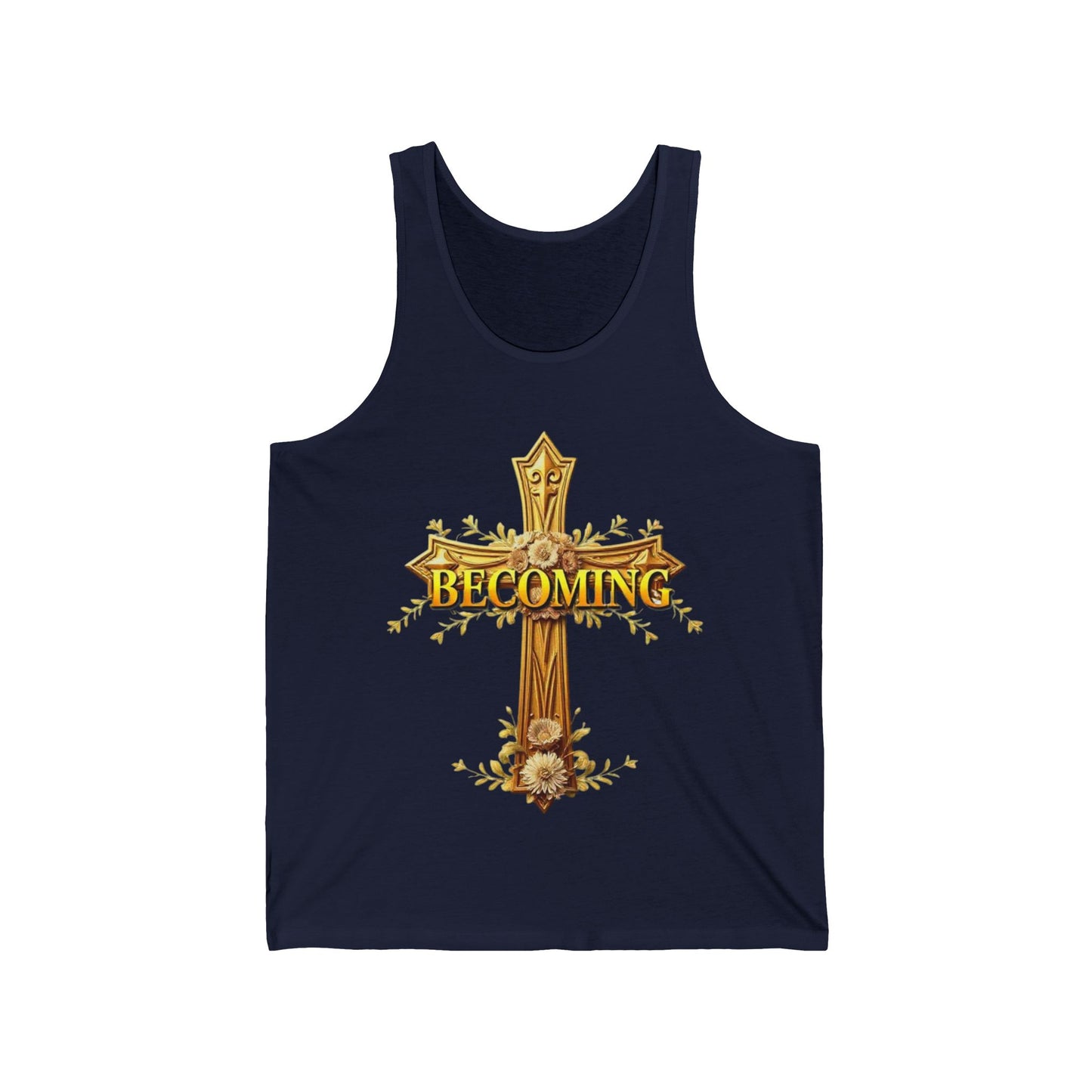 Becoming Women’s Tank Top – Gold Cross Edition (1 Corinthians 15:49