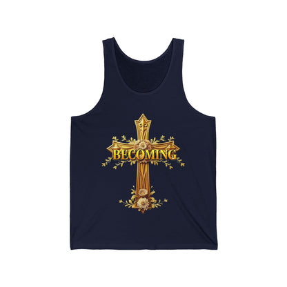 Becoming Women’s Tank Top – Gold Cross Edition (1 Corinthians 15:49