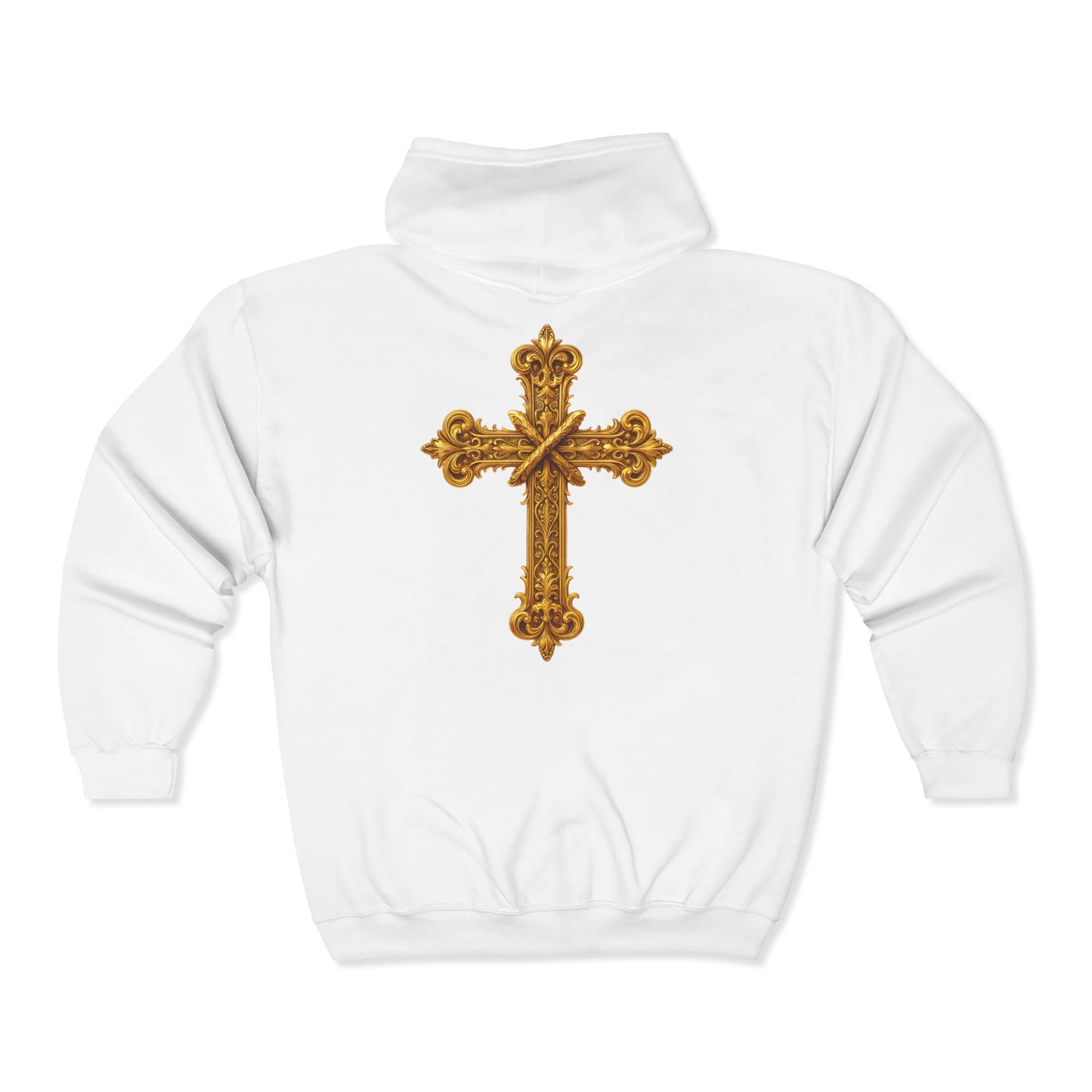 Men’s Ornate Gold Cross Zip-Up Hoodie – Spiritual Elegance & Comfort