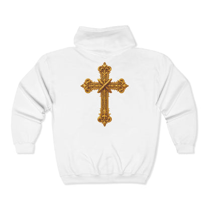 Men’s Ornate Gold Cross Zip-Up Hoodie – Spiritual Elegance & Comfort