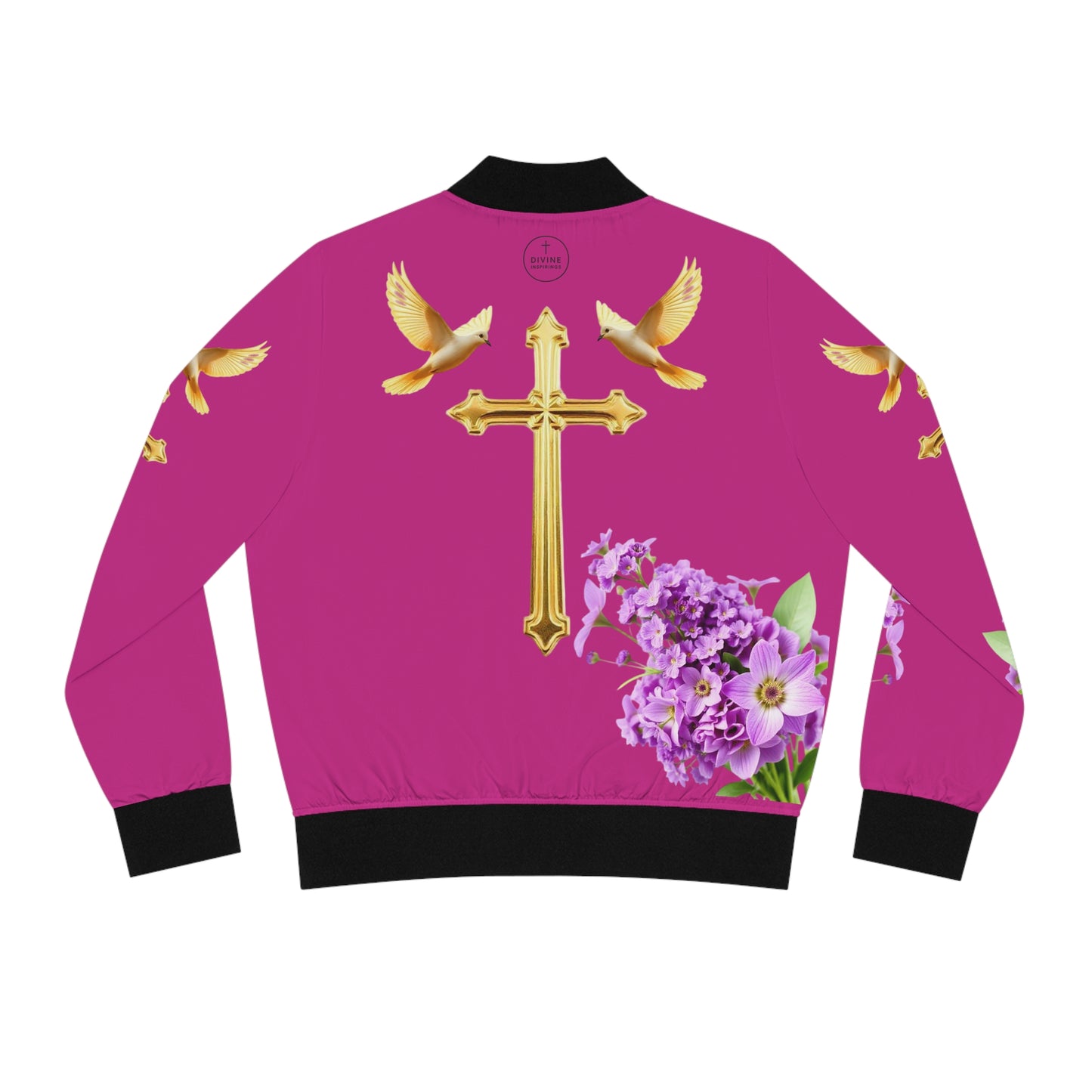 Heavenly Ascent – Gold Cross & Doves Women’s Bomber Jacket in Fuchsia