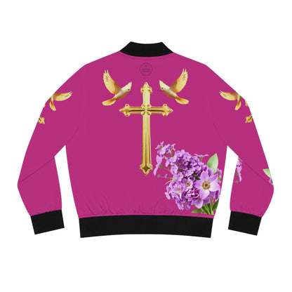 Heavenly Ascent – Gold Cross & Doves Women’s Bomber Jacket in Fuchsia