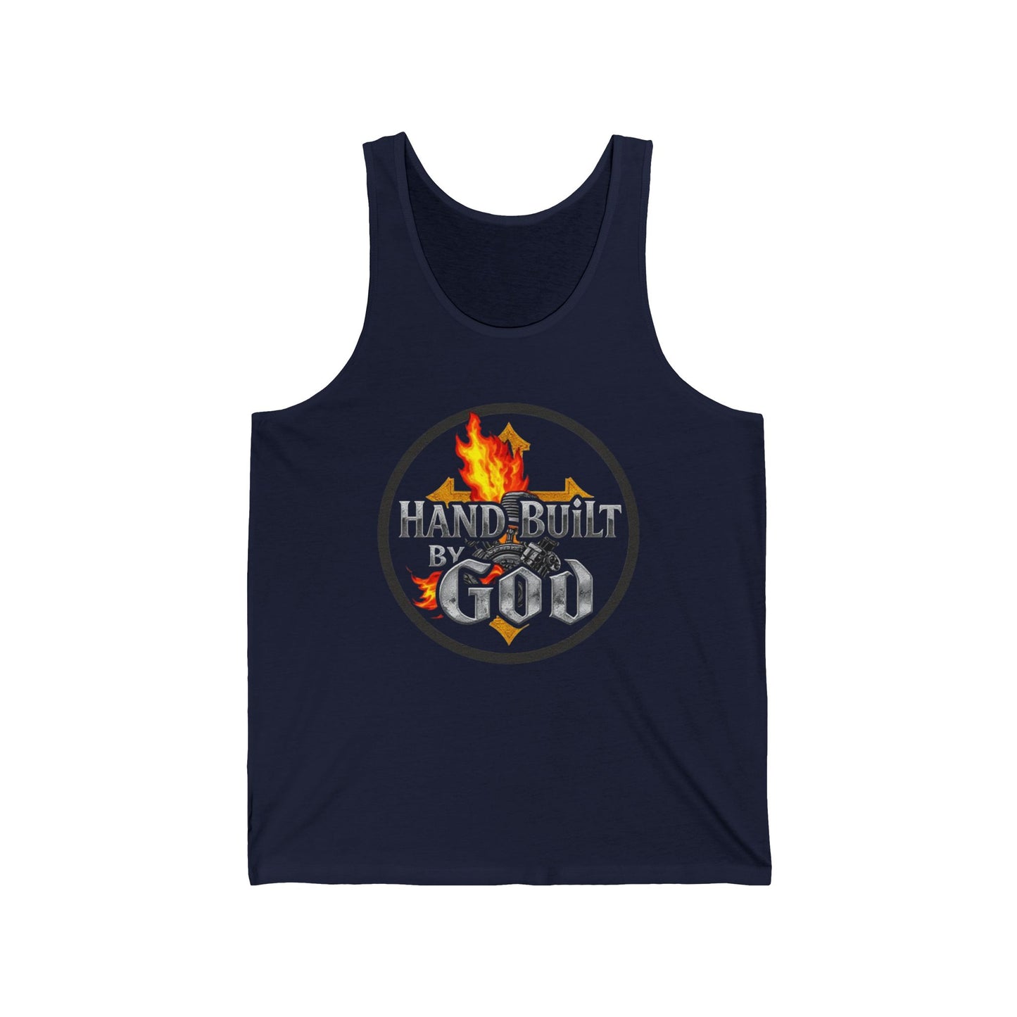 Men’s Christian Tank Top – Hand Built By God – Fire, Cross & Engine Design