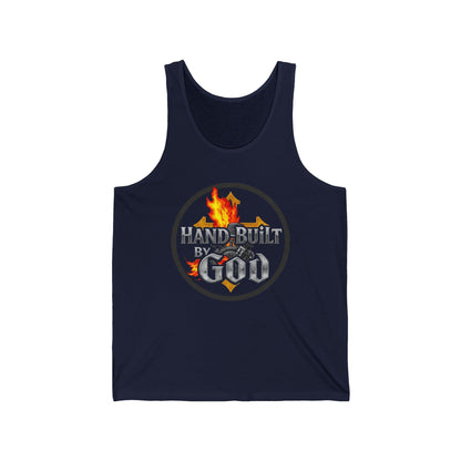Men’s Christian Tank Top – Hand Built By God – Fire, Cross & Engine Design