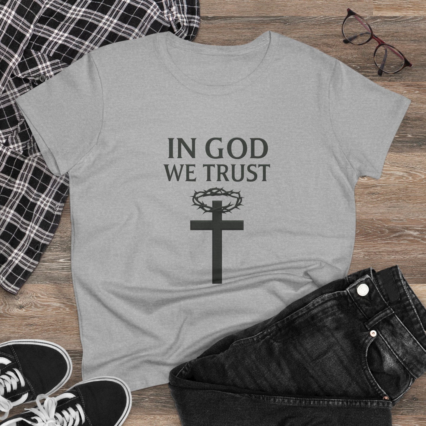 In God We Trust – Women’s Bold Faith Tee with Cross & Crown of Thorns