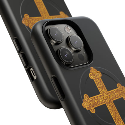 Gold Cross on Black Magnetic Tough Case for iPhone – Strength in Faith