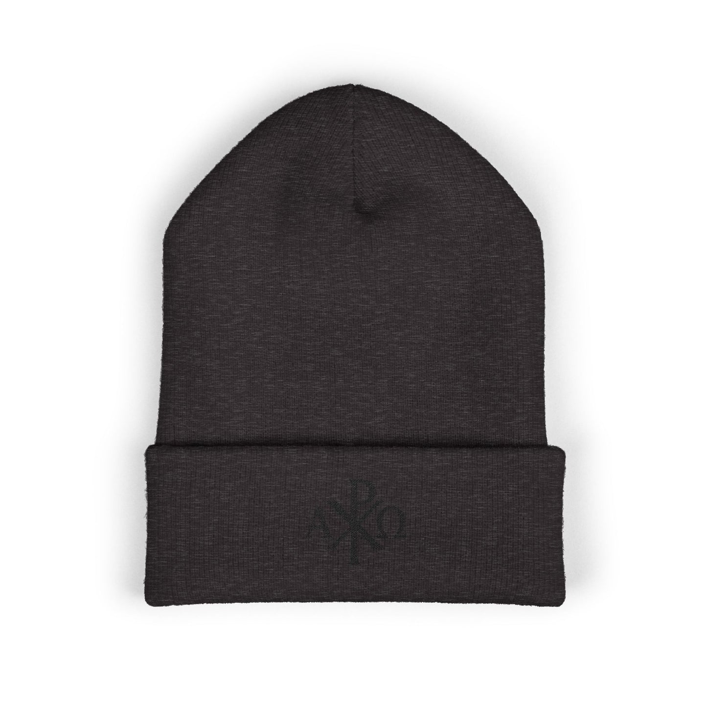 Eternal Light Cuffed Beanie – Black Chi Rho with Alpha & Omega