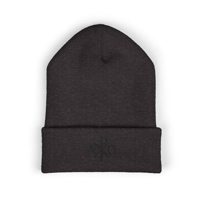Eternal Light Cuffed Beanie – Black Chi Rho with Alpha & Omega