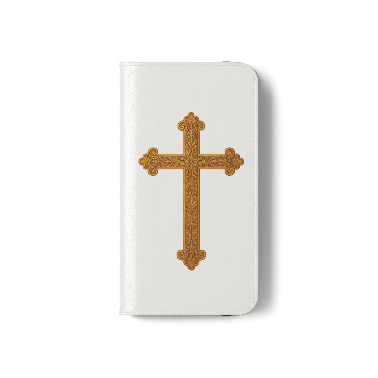 White Wallet Case – Gold Cross with 1 Corinthians 1:18 for iPhones