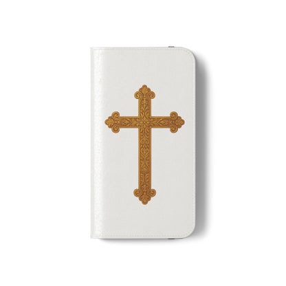 White Wallet Case – Gold Cross with 1 Corinthians 1:18 for iPhones