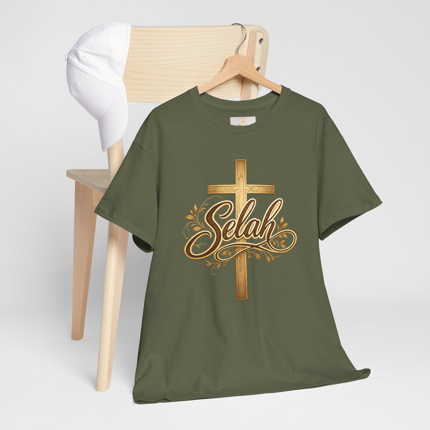 Selah Cross Tee — Women's Christian T‑Shirt with Gold Script