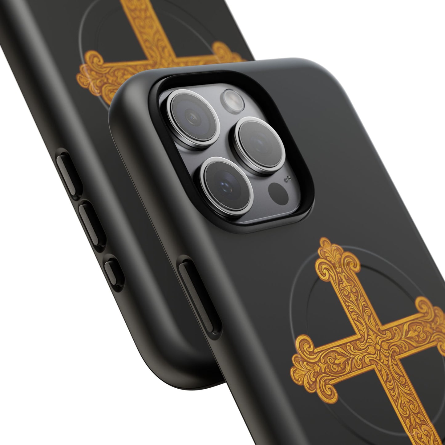 Gold Cross on Black Magnetic Tough Case for iPhone – Strength in Faith