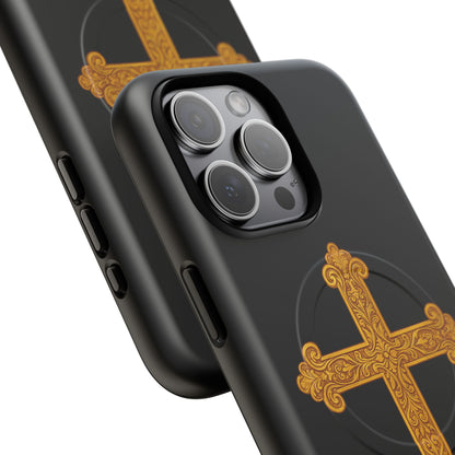 Gold Cross on Black Magnetic Tough Case for iPhone – Strength in Faith