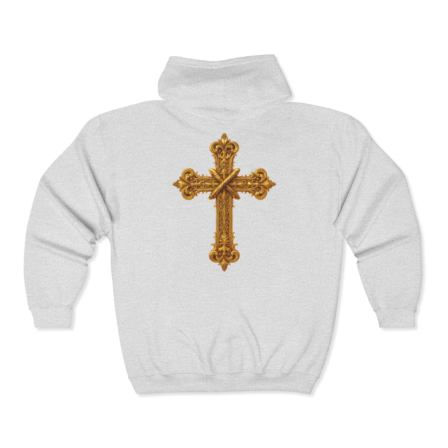 Men’s Ornate Gold Cross Zip-Up Hoodie – Spiritual Elegance & Comfort