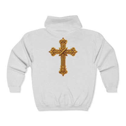 Men’s Ornate Gold Cross Zip-Up Hoodie – Spiritual Elegance & Comfort