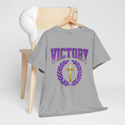 Gray t-shirt with 'VICTORY' and cross design on a wooden hanger against a white background