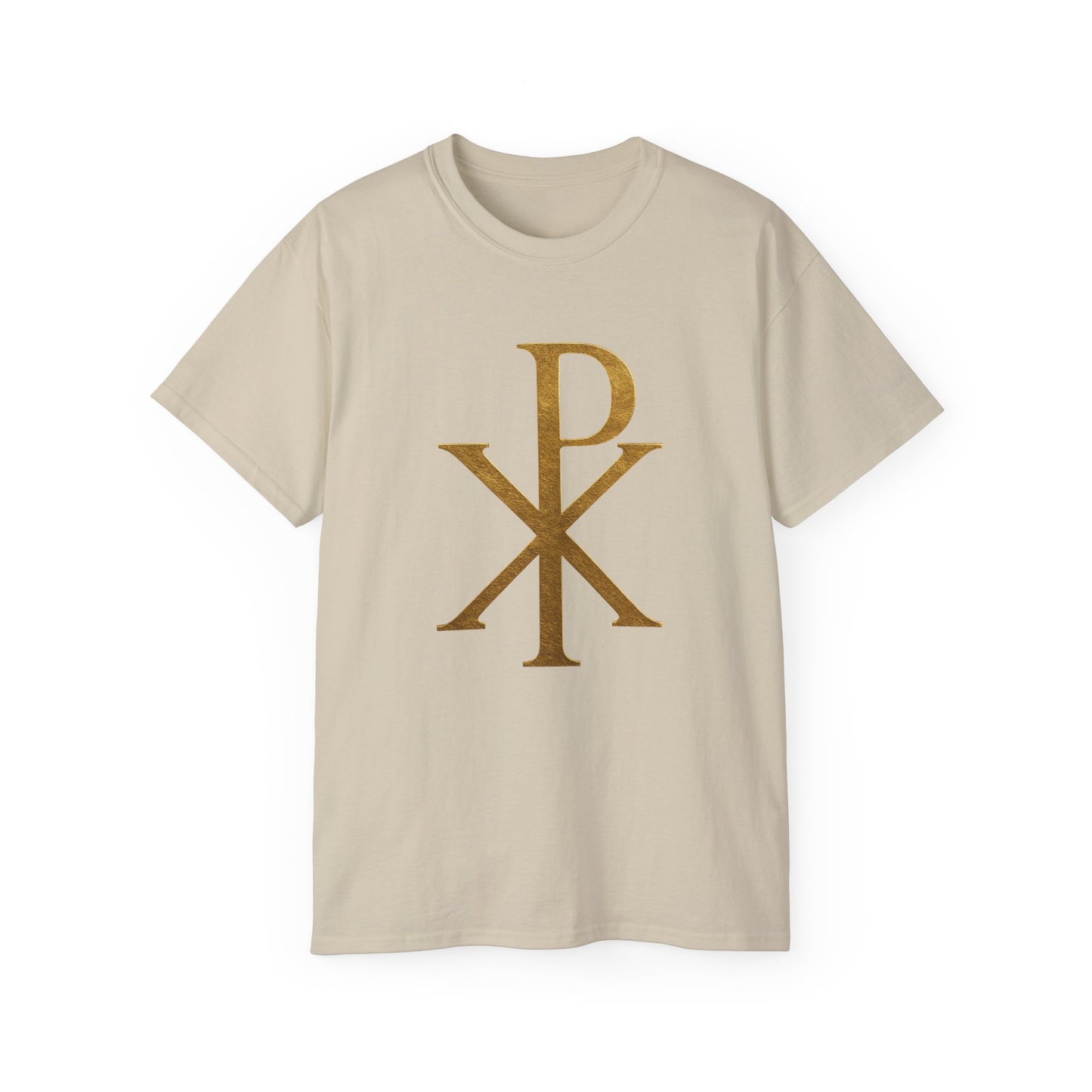 Men’s Christian T-Shirt with Gold Chi Rho – Elegant Faith Symbol Tee