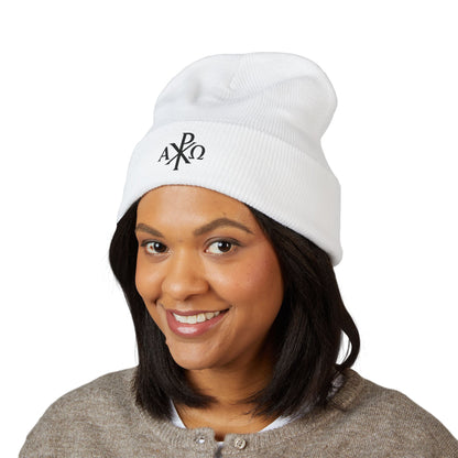 Eternal Light Cuffed Beanie – Black Chi Rho with Alpha & Omega