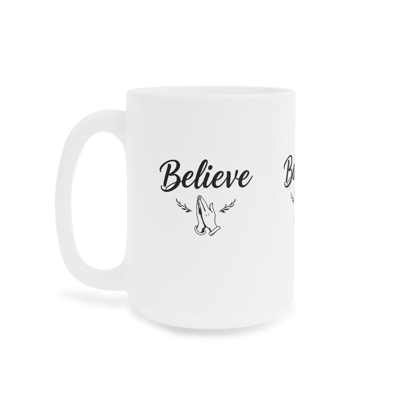 “Believe” Ceramic Mug – Prayer Hands Design