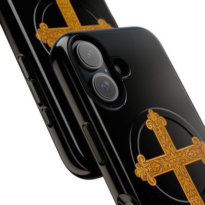 Gold Cross on Black Magnetic Tough Case for iPhone – Strength in Faith