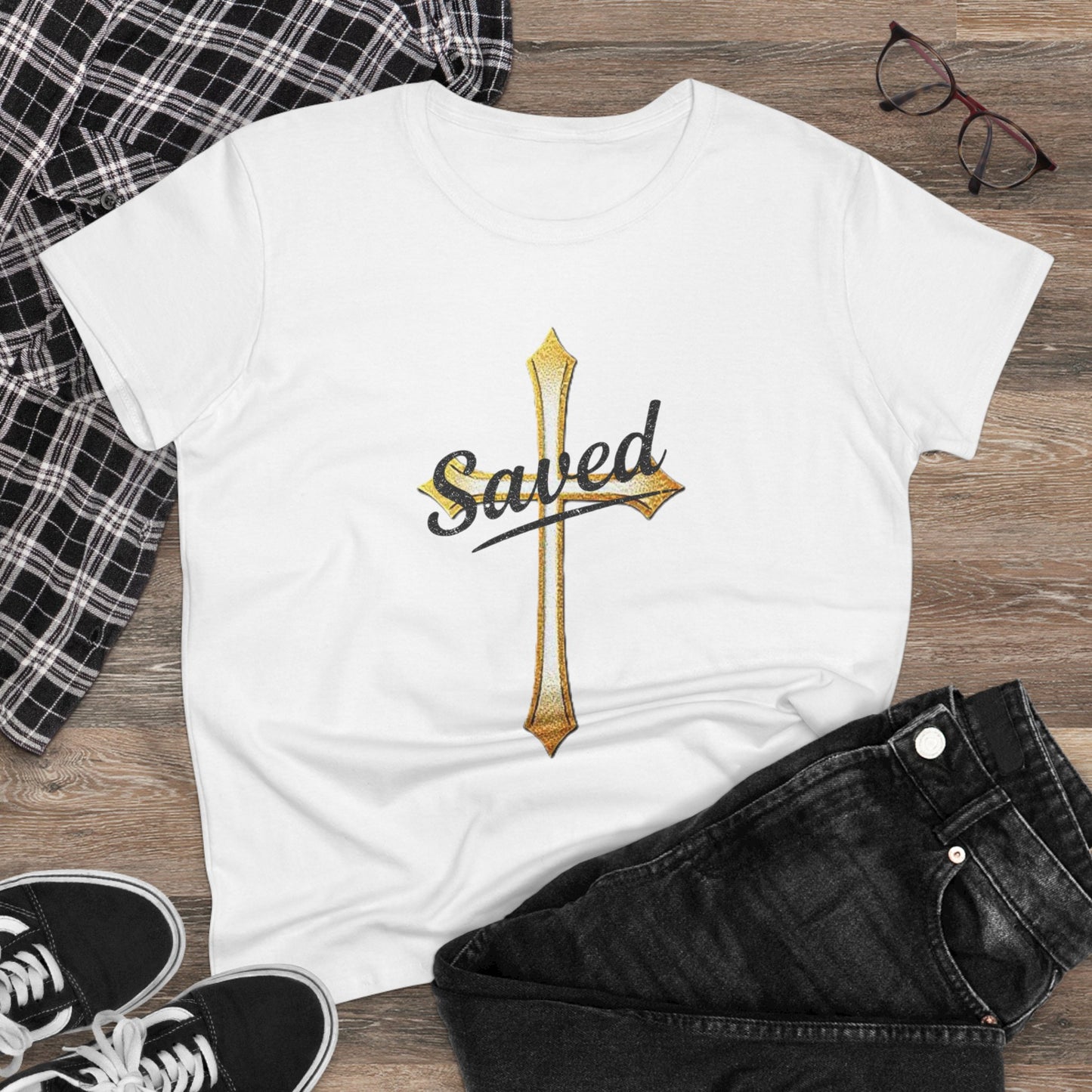 Saved Women’s Tee – Christian Faith Shirt with Cross Design