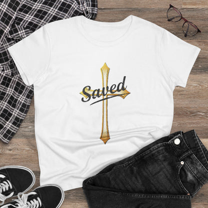 Saved Women’s Tee – Christian Faith Shirt with Cross Design