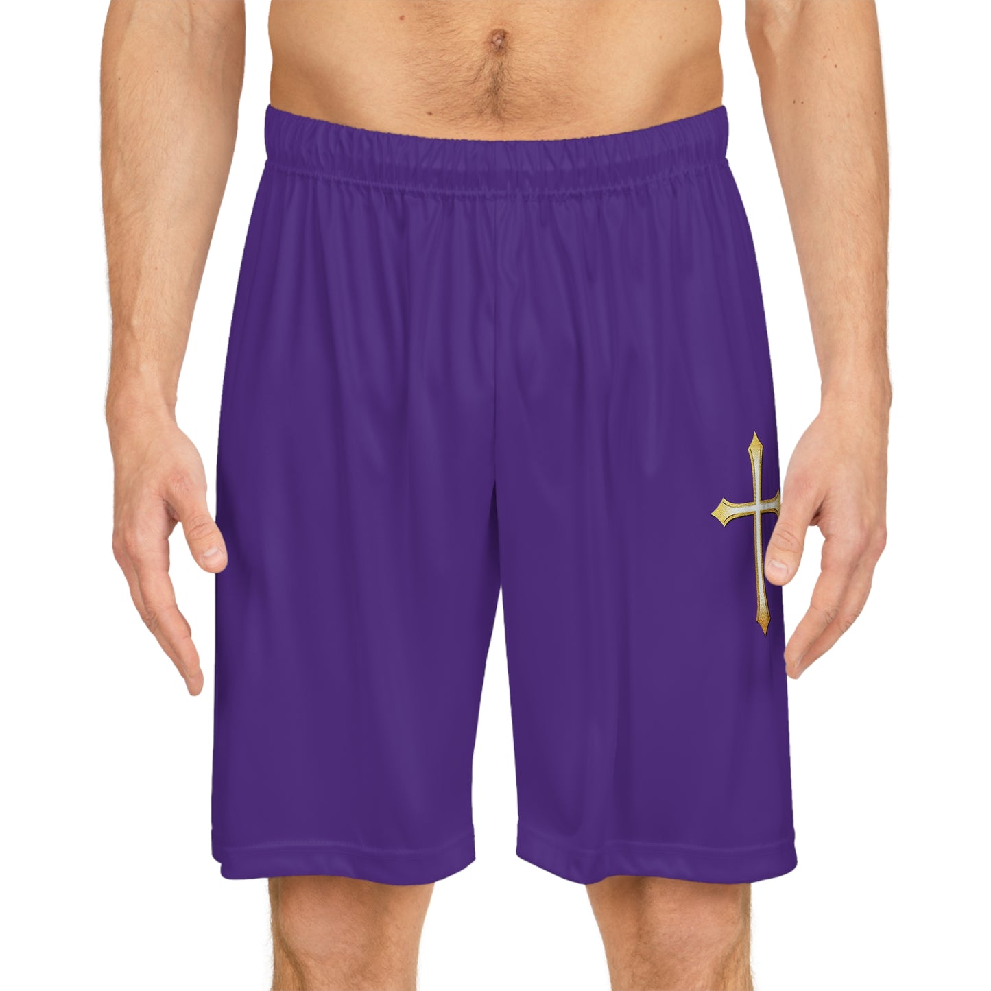 Men’s Modern Gold Cross Basketball Shorts in Purple – Sleek Faith-Inspired Design