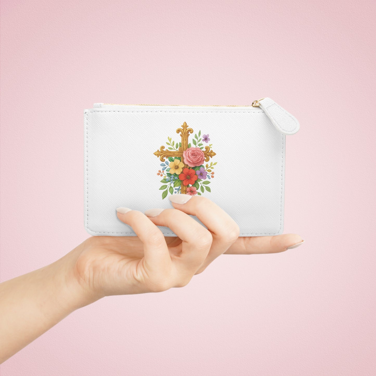 Blooming Faith Black Mini Clutch in White – Floral Cross Accent