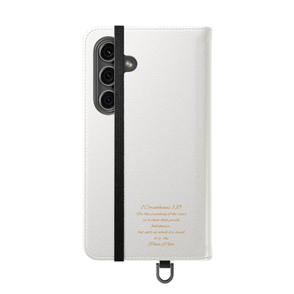 White with Gold Cross & 1 Corinthians 1:18 - Samsung Flip/Wallet Phone Case