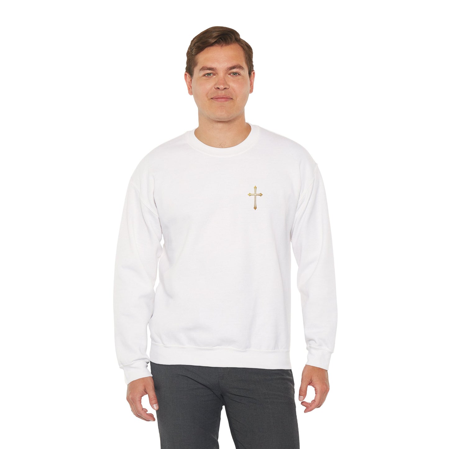 Men’s Elegance w/ Gold Cross Sweatshirt – Subtle Christian Faith Apparel