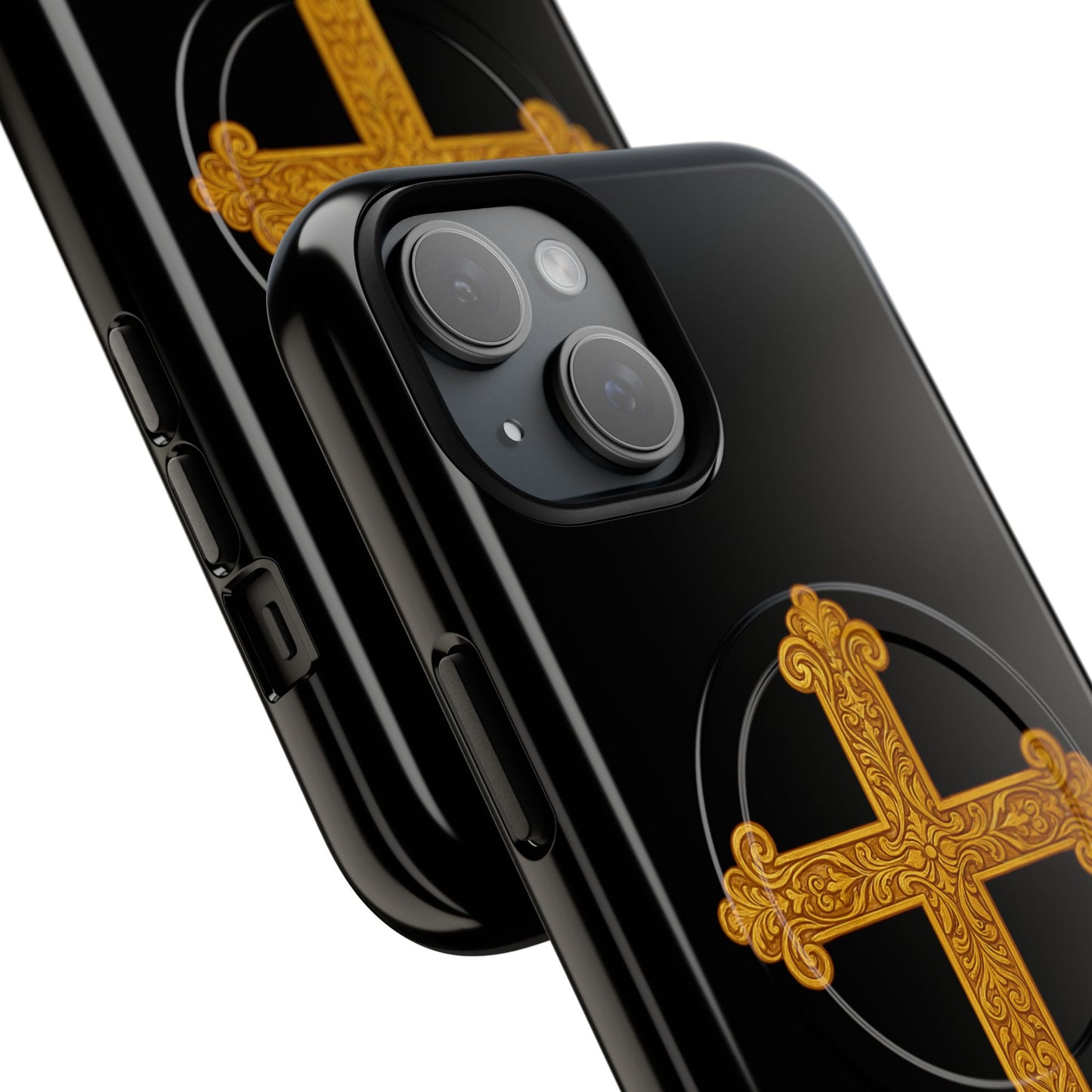 Gold Cross on Black Magnetic Tough Case for iPhone – Strength in Faith