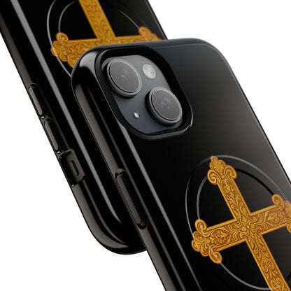 Gold Cross on Black Magnetic Tough Case for iPhone – Strength in Faith