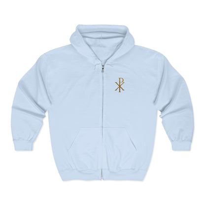 Radiant Faith Women's Zip-Up Hoodie with Gold Chi Rho Design
