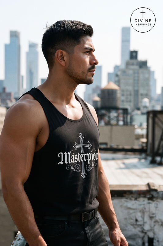 A muscular man wearing a black tank top with a white gothic cross and 'Masterpiece' text, standing on a rooftop with a city skyline in the background. A 'DIVINE INSPIRINGS' logo is visible in the top right corner.