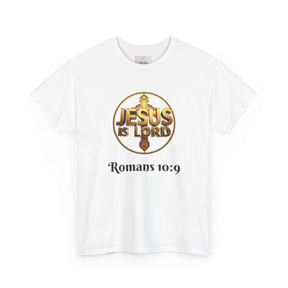 Men’s Romans 10:9 Christian T-Shirt – Jesus Is Lord & He Is Risen (Dark Lettering)
