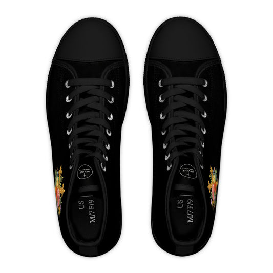 Faith in Bloom – Women’s White High-Top Sneakers in Black with Floral Cross
