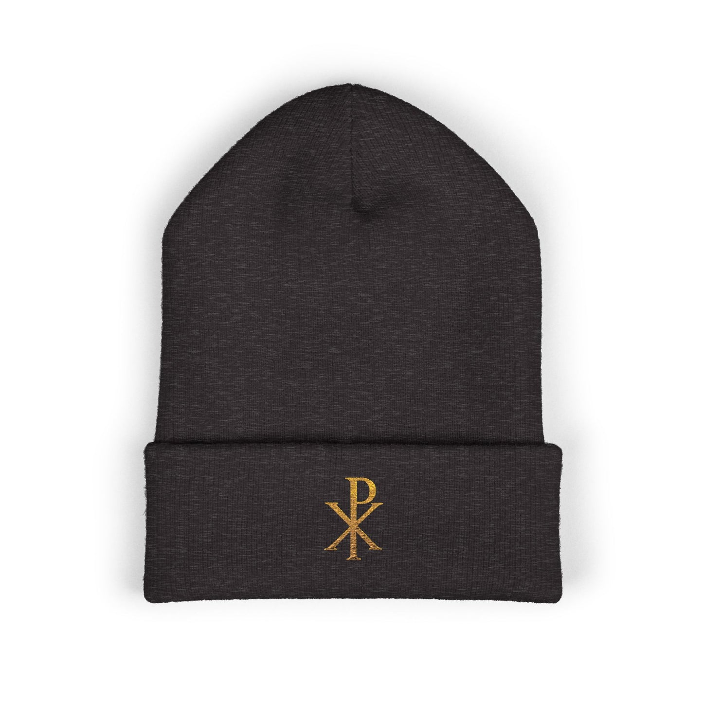 Radiant Faith Cuffed Beanie – Gold Chi Rho Embroidery