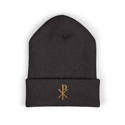 Radiant Faith Cuffed Beanie – Gold Chi Rho Embroidery