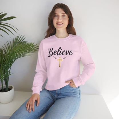 Believe Women’s Christian Sweatshirt – Golden Cross
