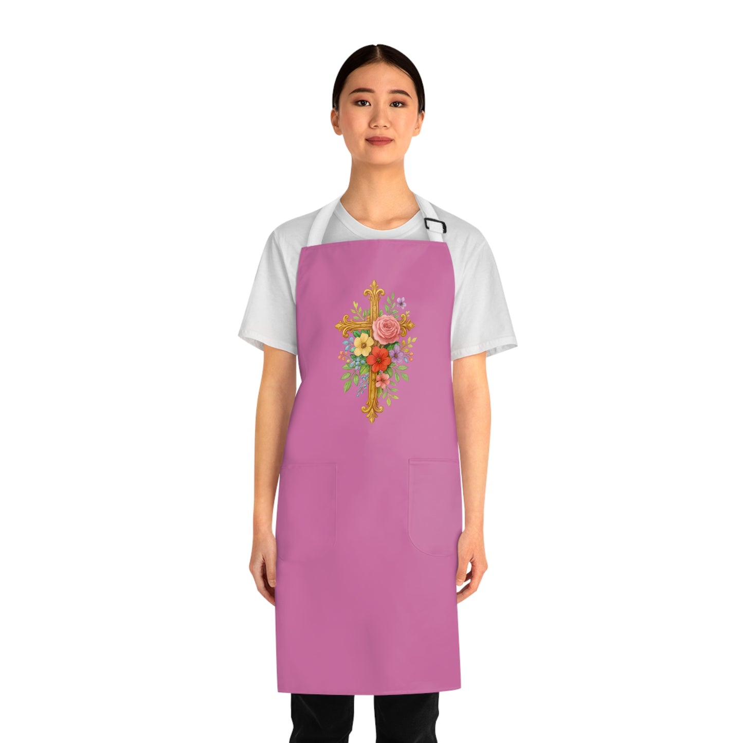 Floral Cross Christian Kitchen Apron in Pink – Faith & Beauty in Every Meal