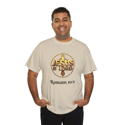 Men’s Romans 10:9 Christian T-Shirt – Jesus Is Lord & He Is Risen (Dark Lettering)