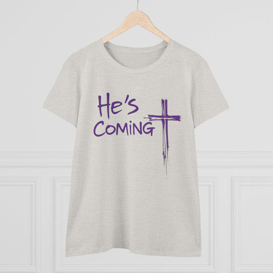 He's Coming Soon – Women’s Softstyle Christian Tee with Cross Design