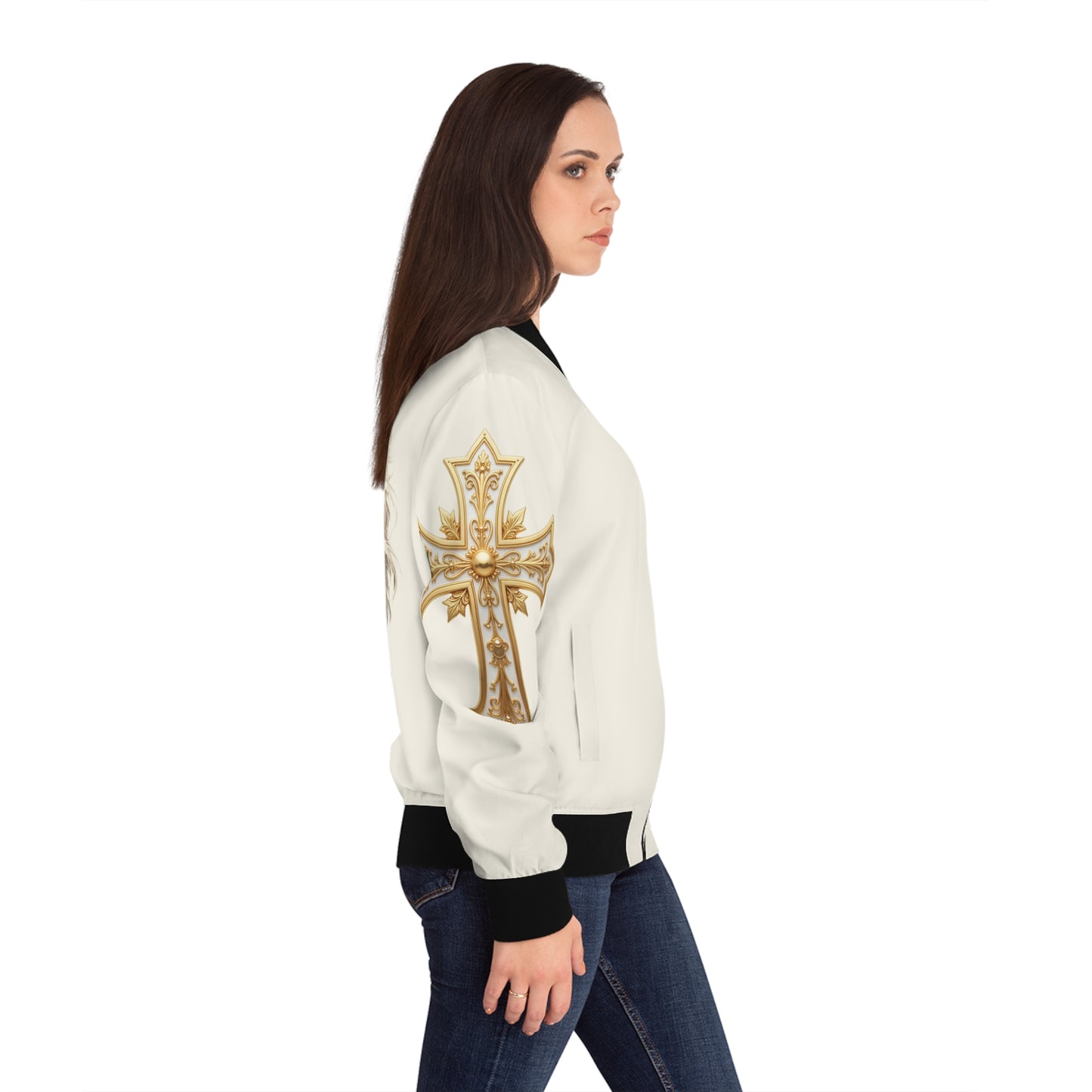 Christ is King (Lion of Judah) - Women's Christian Bomber Jacket (Cream)