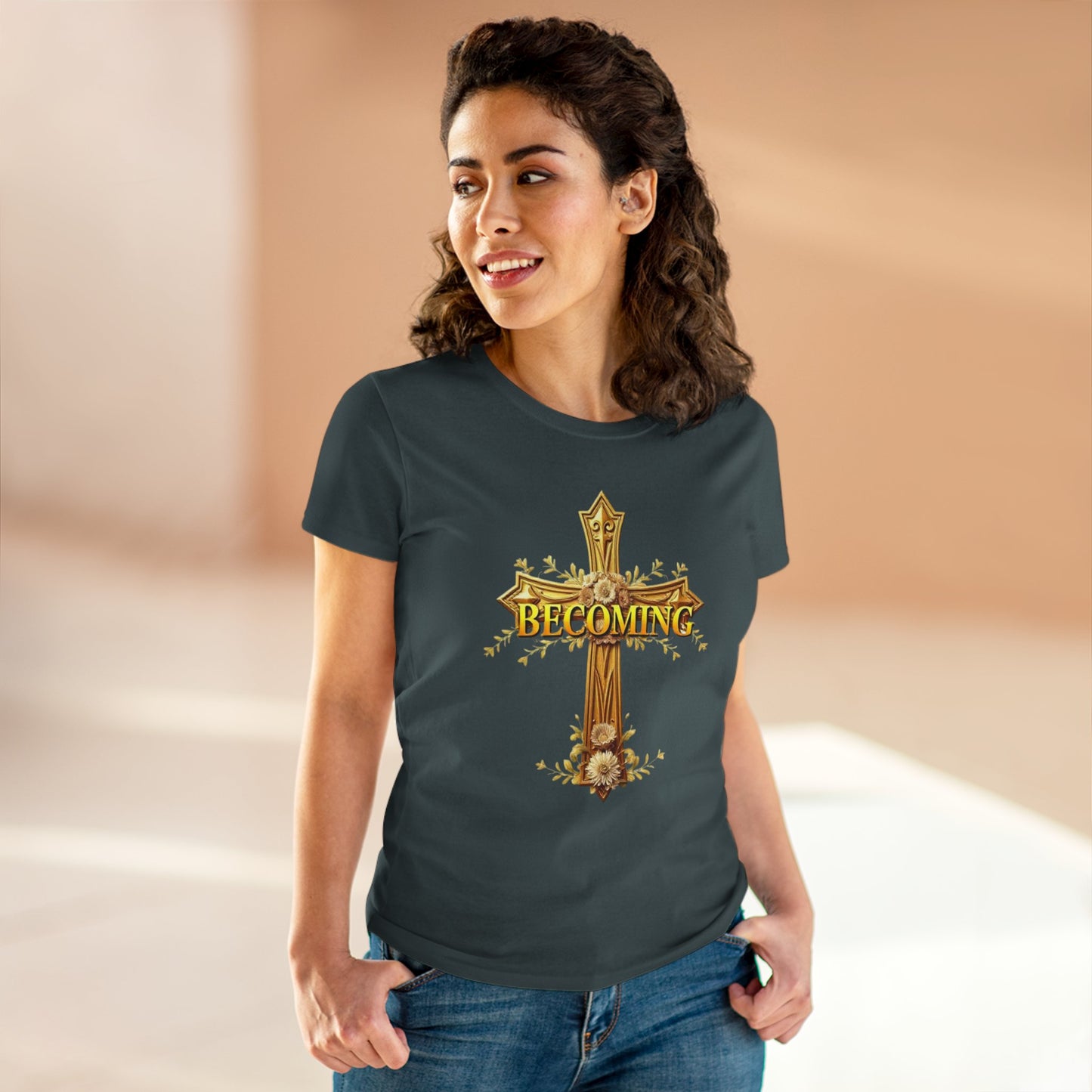 Becoming Women’s Faith Tee – Gold Cross Edition (Light Lettering, 1 Corinthians 15:49)