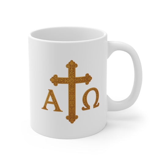 Alpha & Omega Gold Cross Mug – Faith in Every Sip