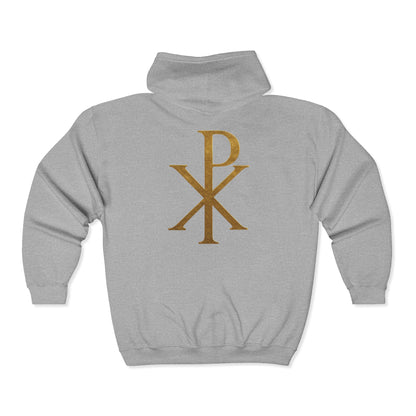 Radiant Faith Women's Zip-Up Hoodie with Gold Chi Rho Design