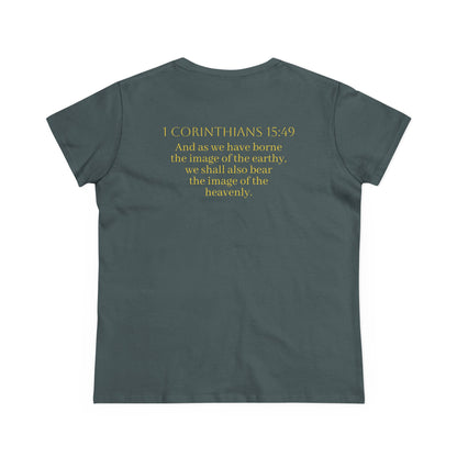Becoming Women’s Faith Tee – Gold Cross Edition (Light Lettering, 1 Corinthians 15:49)