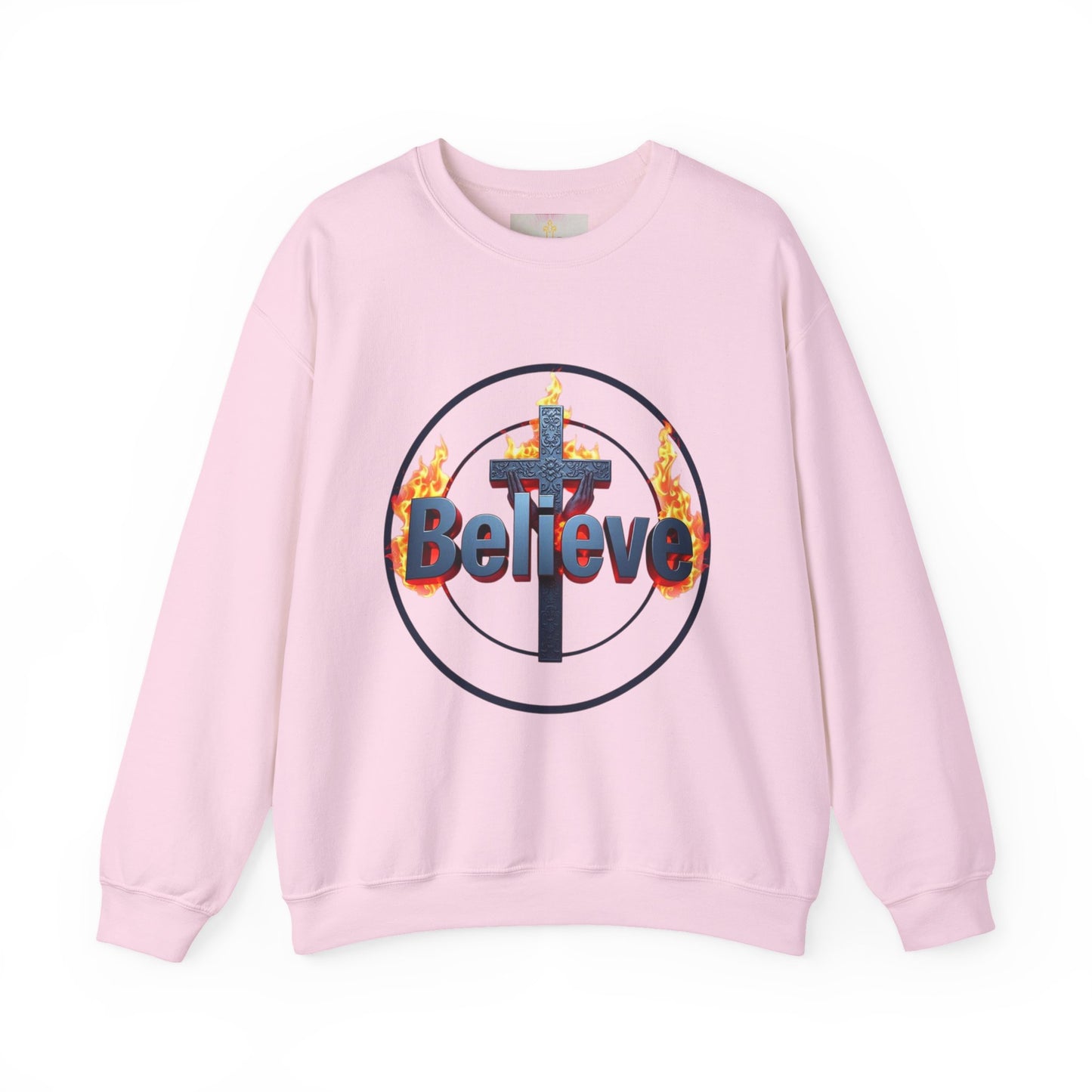 Women’s “Believe” Christian Sweatshirt – Bold Faith Statement Pullover with Cross